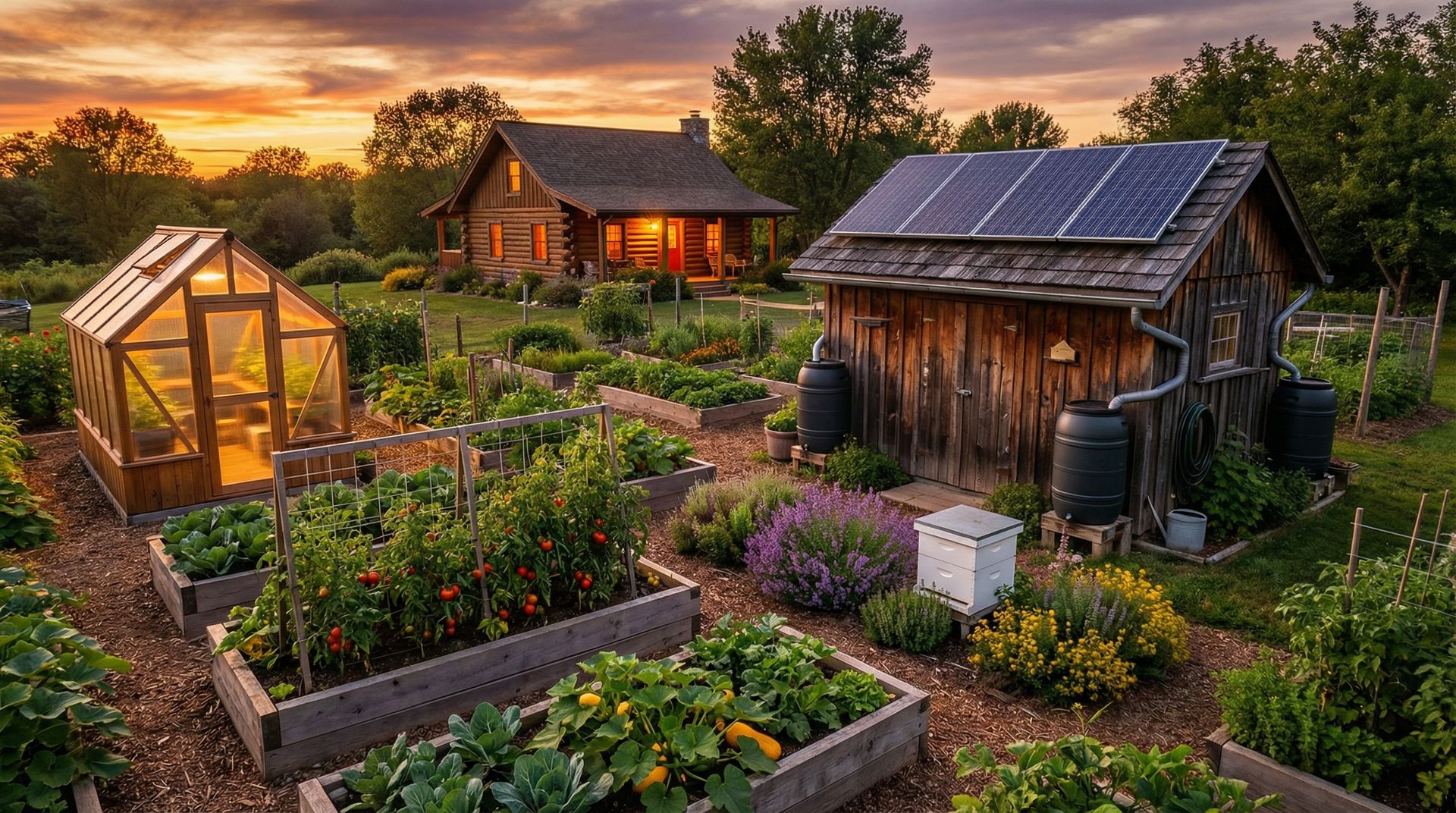 Self-sufficient backyard homestead with garden, greenhouse, and solar panels